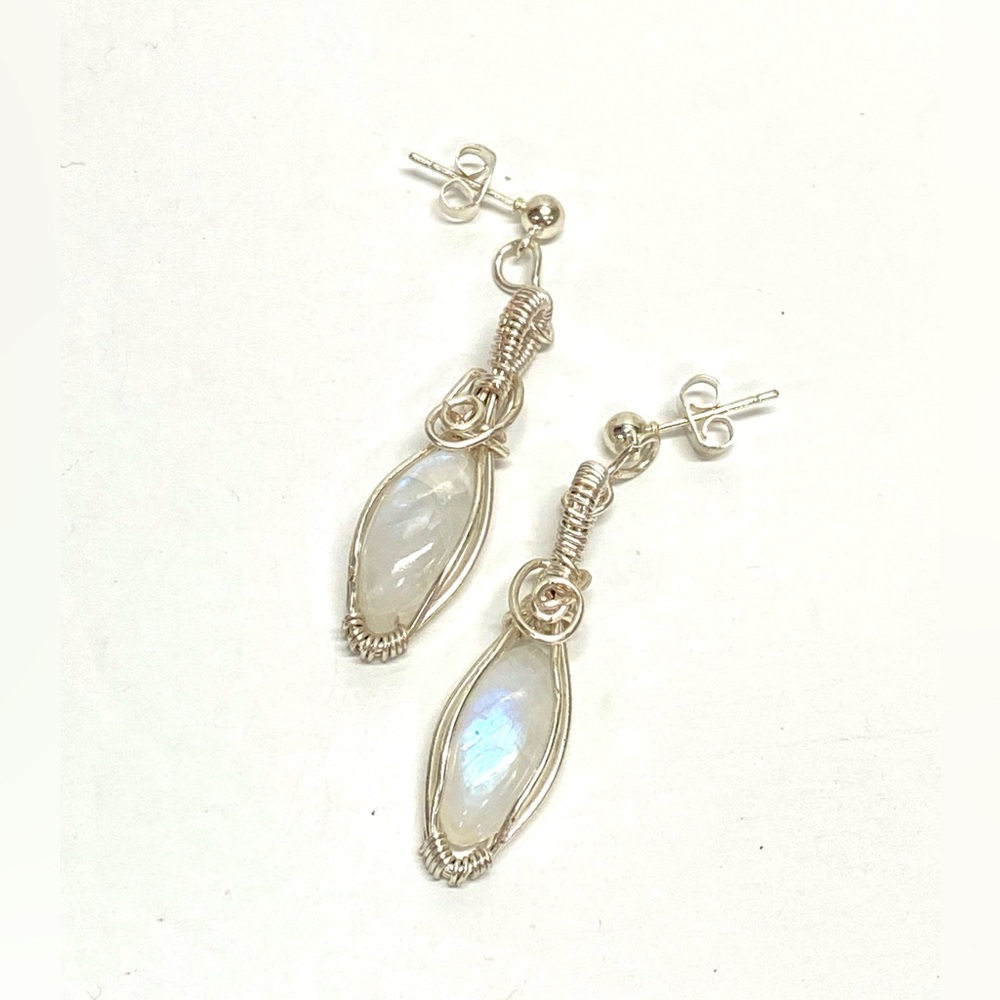 HANDMADE Elegant Genuine Moonstone Hand Wrapped Dangle Earrings, Gift for Her